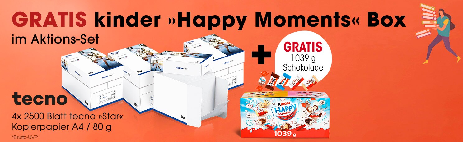 tecno 4 Maxi-Boxen à 2500 Blatt Kopierpapier »Star« inkl. Minischokoladen-Box »Happy Moments« 1039 g